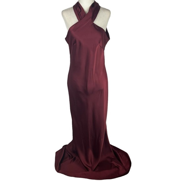 LOVELY TWIST HALTER BRIDESMAID MAXI TRUMPET GOWN IN CABERNET NWT WOMEN'S SMALL - Picture 2 of 15